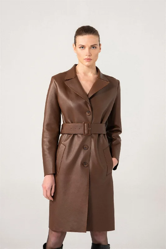 Women’s Chocolate Brown Sheepskin Leather Trench Coat Tailored Straight A-Line