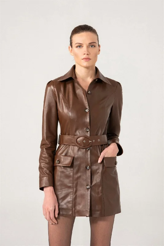 Women’s Chocolate Brown Sheepskin Leather Trucker Trench Coat Vent Hem Cuff