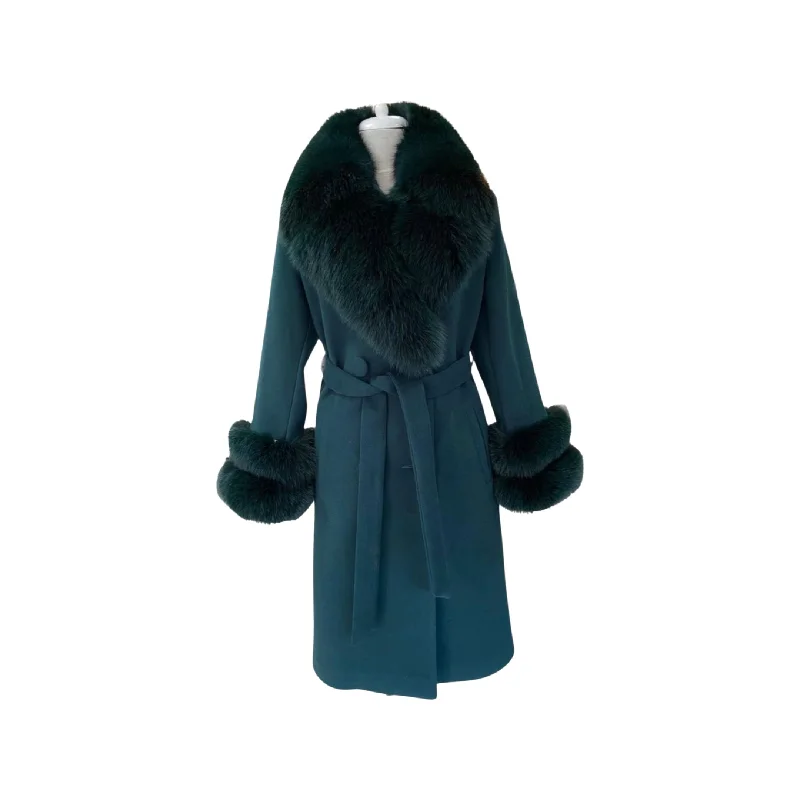 Women's DARK GREEN Wool Coat with detachable Fox Collar and Cuffs Trimmed Hood Style # K-10 Jersey Tulle Batik Women's DARK GREEN Wool Coat with detachable Fox Collar and Cuffs Trimmed Hood Style # K-10 Jersey Tulle Batik