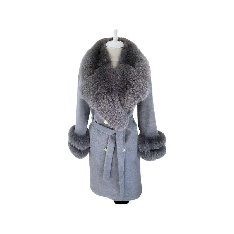 Women's DARK Grey Wool Coat with detachable Fox Collar and Cuffs  Trimmed Hood Style # K-10 Chenille Brocade Lace