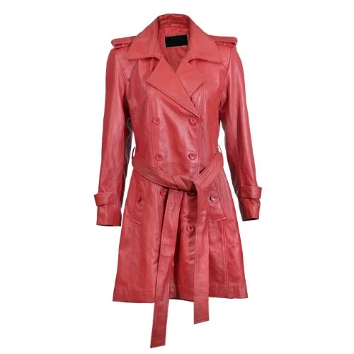 Women's Double Breasted Red Leather Trench Coat With Adjustable Belt Striped Polka Dot Solid Women's Double Breasted Red Leather Trench Coat With Adjustable Belt Striped Polka Dot Solid
