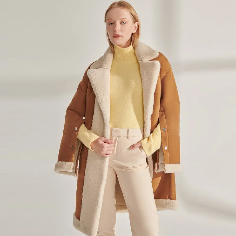 Womens Elegant Suede Leather Shearling Long Coat in Yellow Turtleneck Jacket Crew Neck Jacket V-Neck Jacket Womens Elegant Suede Leather Shearling Long Coat in Yellow Turtleneck Jacket Crew Neck Jacket V-Neck Jacket