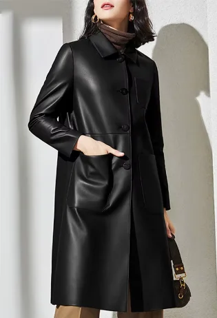 Women's Genuine Leather Trench Coat Quilted Jacket Anorak Windbreaker