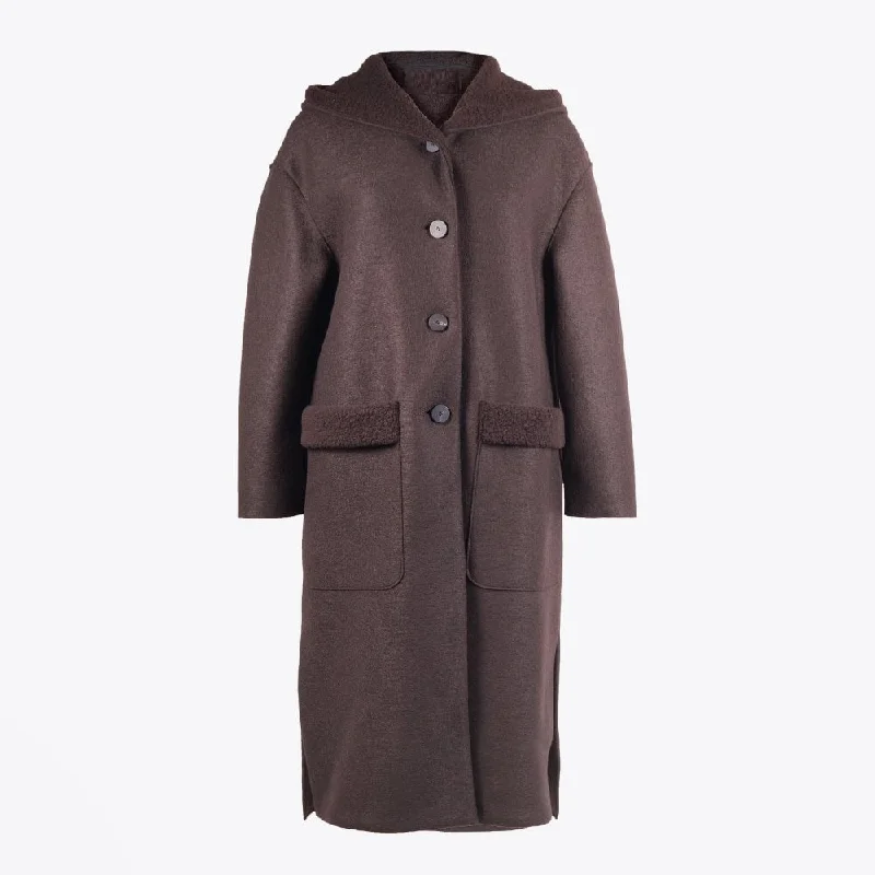 Women's Italian Style Hooded Soft Wool Coat Welt Pockets Slit Pockets Flap Pockets
