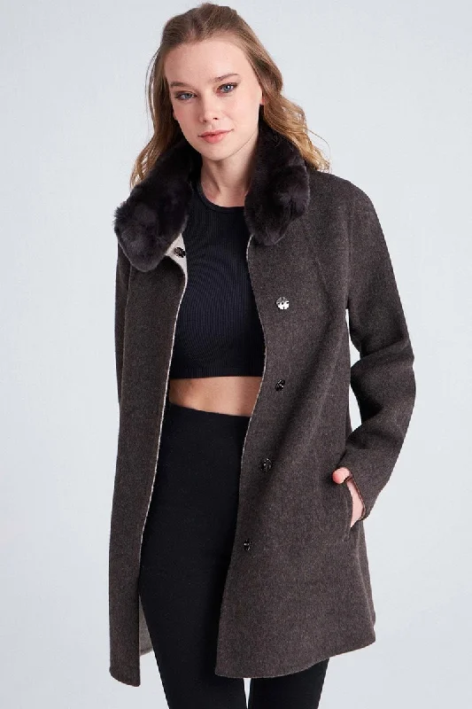 Karo Women's Reversible Cashmere Coat - Mocha/Beige Asymmetrical Collar Hooded Zippered Karo Women's Reversible Cashmere Coat - Mocha/Beige Asymmetrical Collar Hooded Zippered