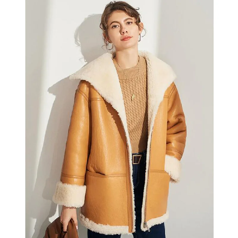 Womens Khaki Shearling Sheepskin Coat Bodycon Sheath Shift