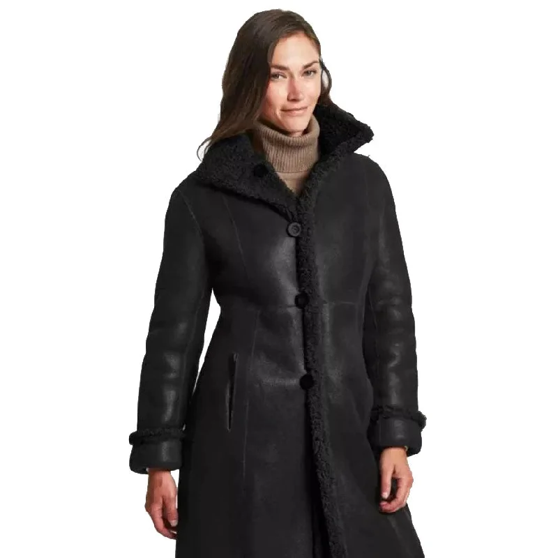 Womens Leather Shearling Long Coat in Black Pockets Sleeves Lining