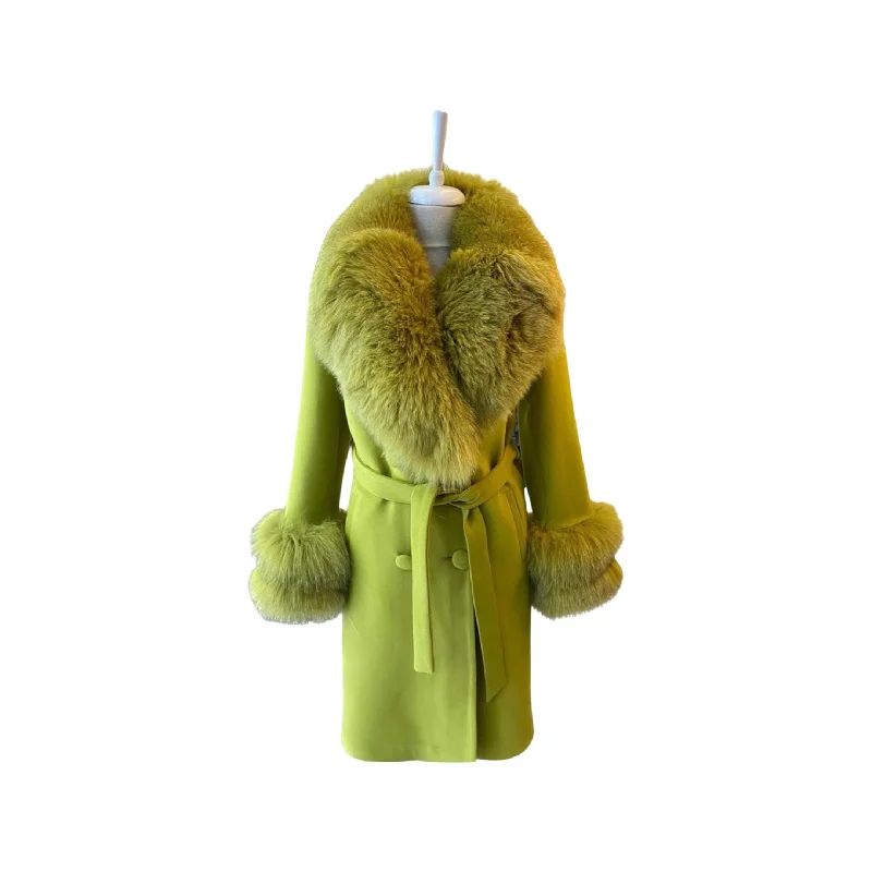 Women's LIME GREEN Wool Coat with detachable Fox Collar and Cuffs Trimmed Hood Style # K-10 Kimono Robe Cloak Women's LIME GREEN Wool Coat with detachable Fox Collar and Cuffs Trimmed Hood Style # K-10 Kimono Robe Cloak