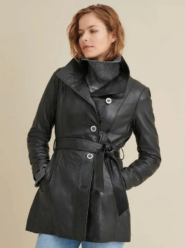 Women’s Long Black Leather Coat Striped Polka Dot Floral