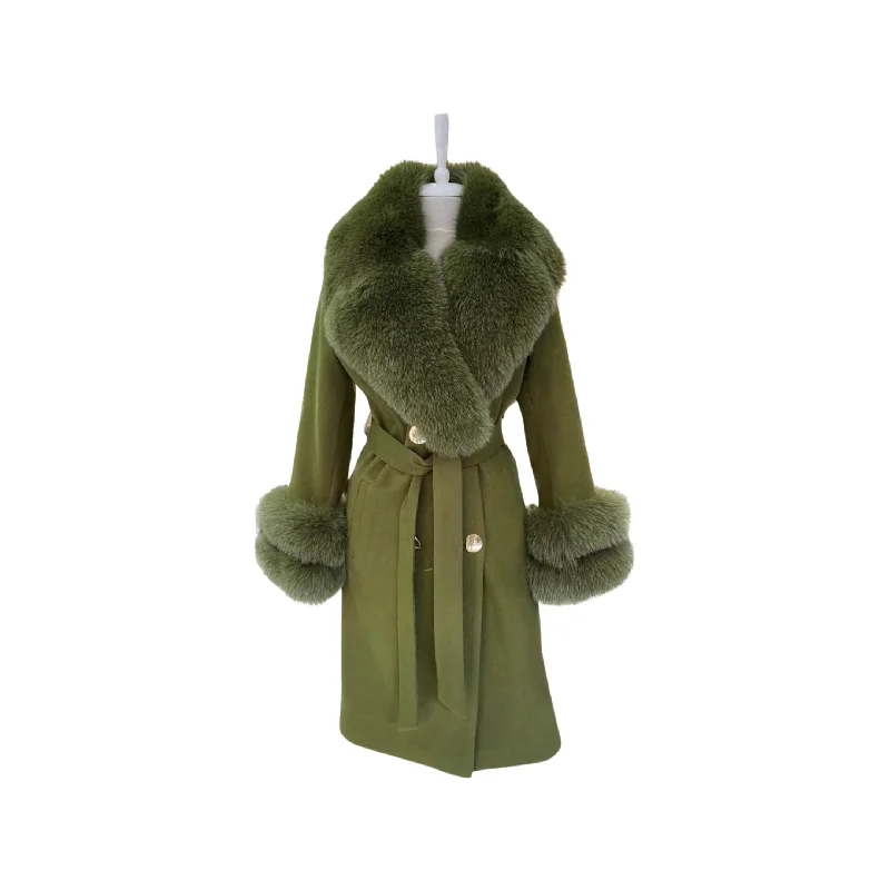 Women's PISTACHIO Wool Coat with detachable Fox Collar and Cuffs Trimmed Hood Style # K-10 Tweed Herringbone Houndstooth Women's PISTACHIO Wool Coat with detachable Fox Collar and Cuffs Trimmed Hood Style # K-10 Tweed Herringbone Houndstooth