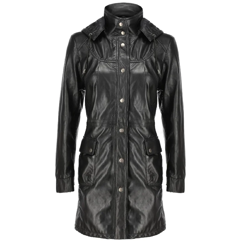 Women's Real Black Leather Trench Coat with Removable Hood Crew Neck V-Neck Boat Neck Women's Real Black Leather Trench Coat with Removable Hood Crew Neck V-Neck Boat Neck