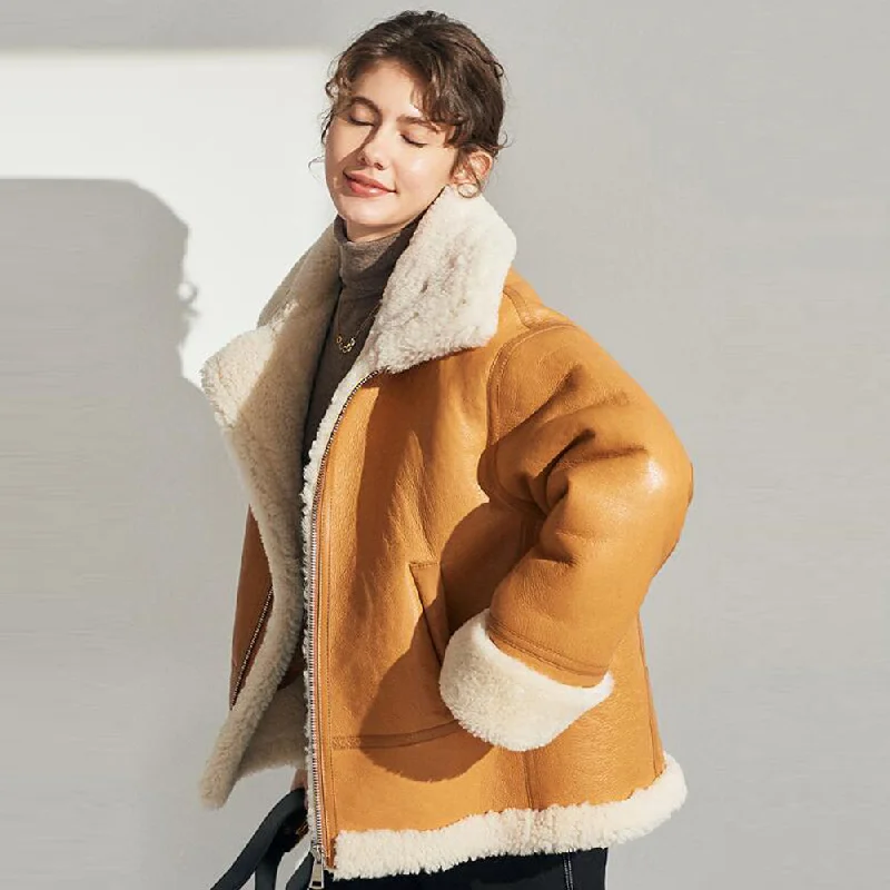 Womens Shearling Coat in Khaki with Lapel Collar Collared Crew Neck Turtle Neck