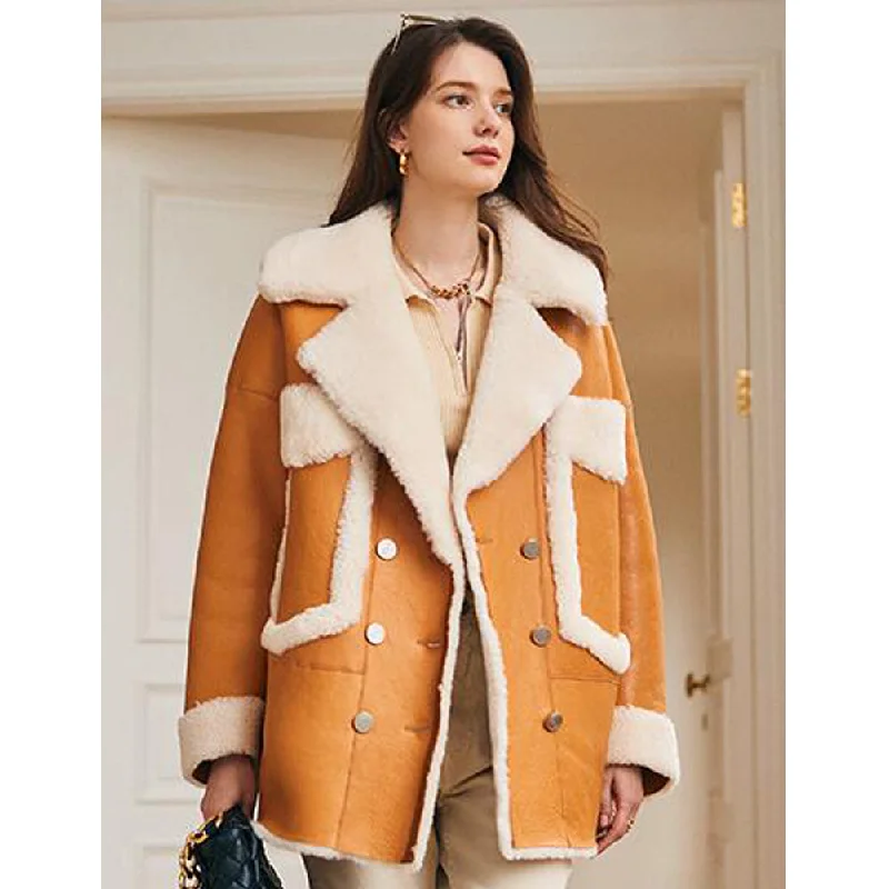 Womens Shearling Sheepskin Aviator Coat Print Jacquard Embroidered