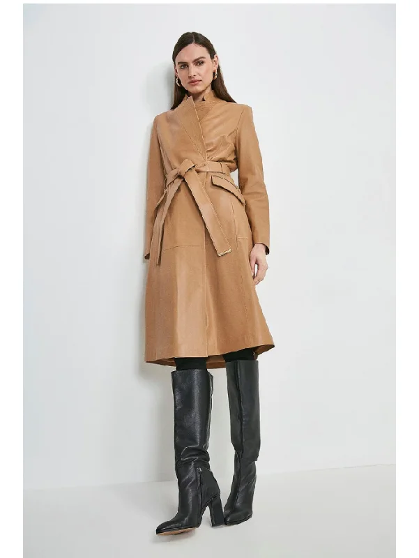 Women’s Tan Beige Sheepskin Leather Trench Coat With Belt Bolero Crop Top Camisole