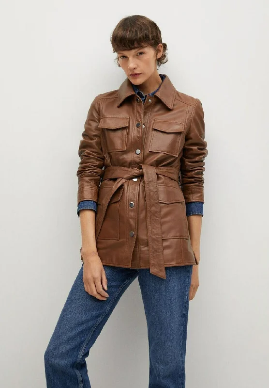 Women’s Tan Brown Leather Trucker Coat Bomber Denim Leather