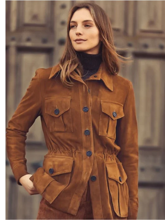 Women’s Tan Brown Suede Leather Button Downed Coat Jersey Tulle Batik