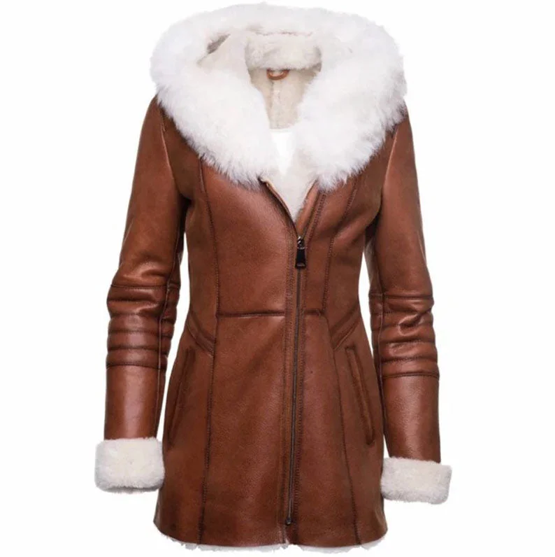 Womens Tan Shearling Trench Style Leather Coat with Fur Hooded Square Neck One-Shoulder Off-the-Shoulder Womens Tan Shearling Trench Style Leather Coat with Fur Hooded Square Neck One-Shoulder Off-the-Shoulder