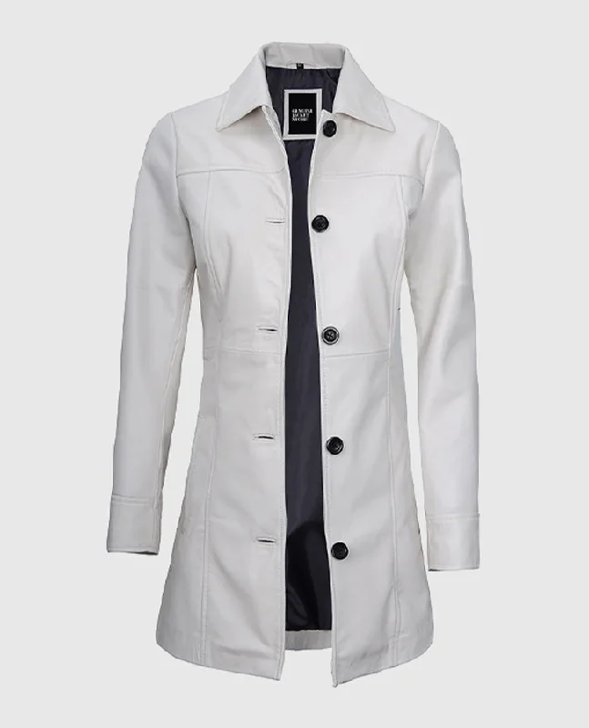 Women's White Leather Coat Three-Quarter Sleeve Elbow Sleeve Wrist Sleeve