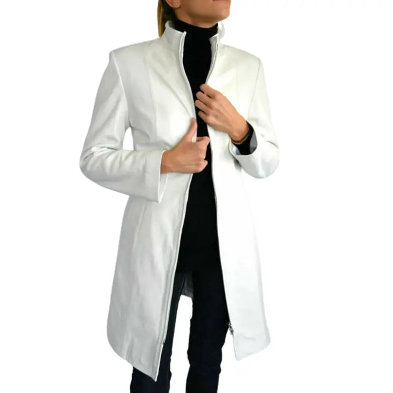 Women's White Leather Long Coat Pleated Ruffled tiered