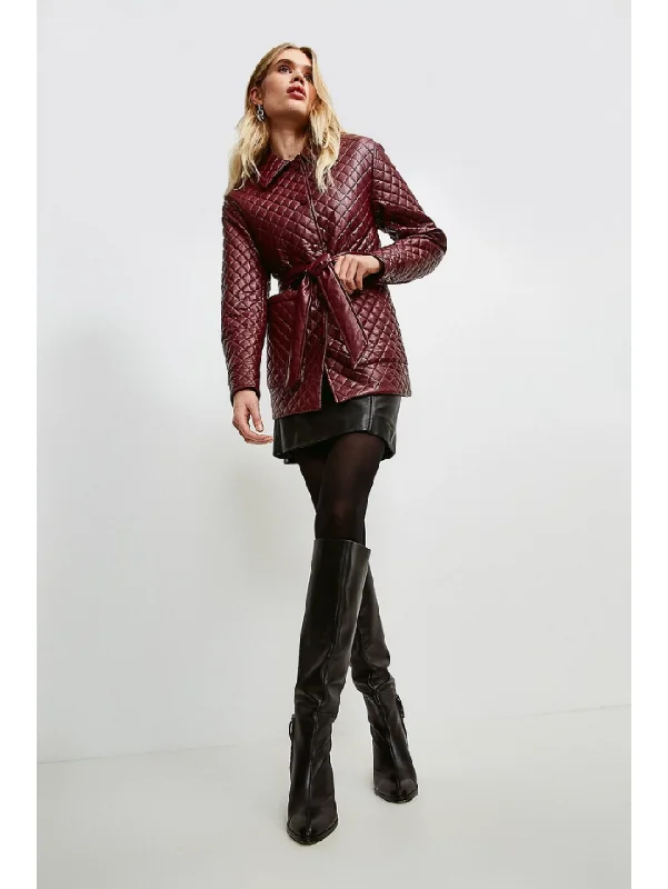 Women’s Wine Red Sheepskin Leather Trucker Coat Tailored Straight A-Line