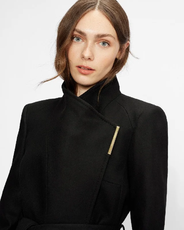 Women's Wrap Short Style Black Wool Coat Sequined Lace Ribbed