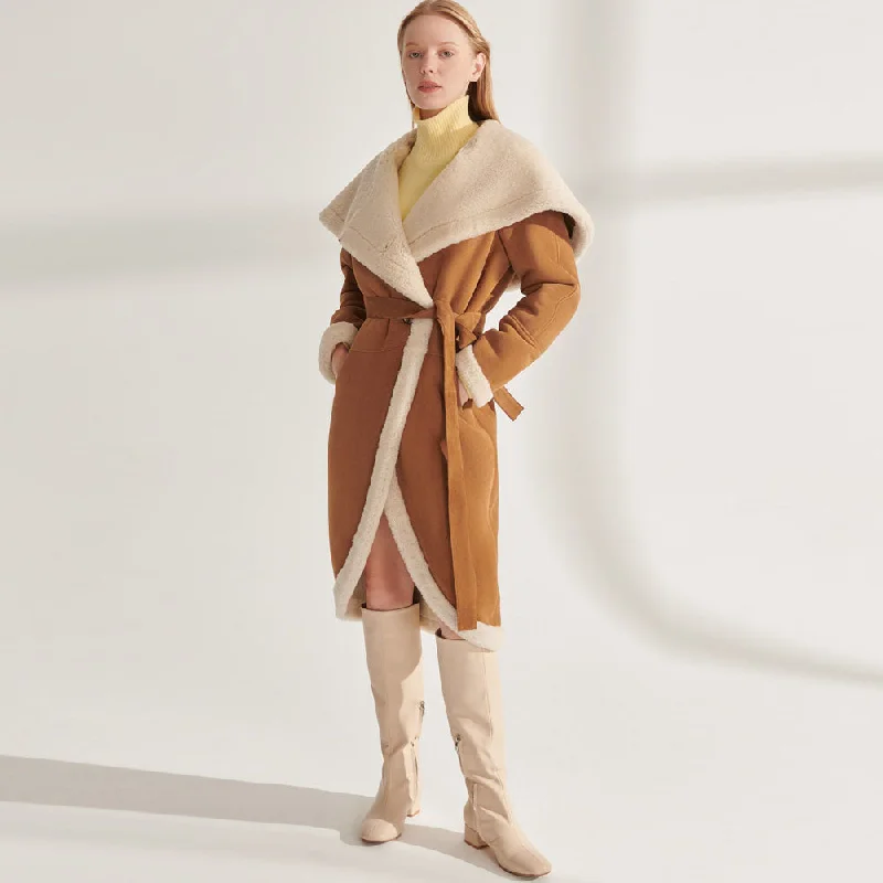 Womens Yellow Shearling Fur Coat With Big Hood Chenille Brocade Lace