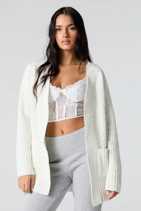 Waffle Knit Long Sleeve Cardigan Notch Collar Peter Pan Collar Cowl Neck