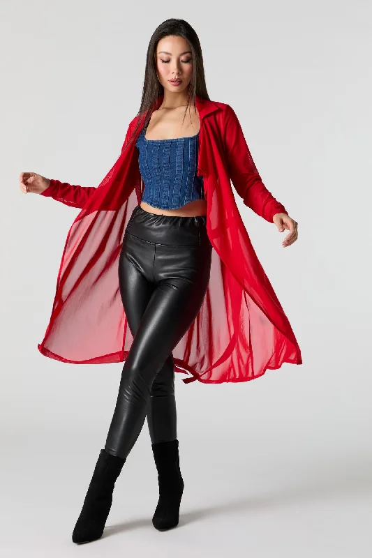Mesh Ruffled Tie Front Cardigan Stretchy Elastic Breathable