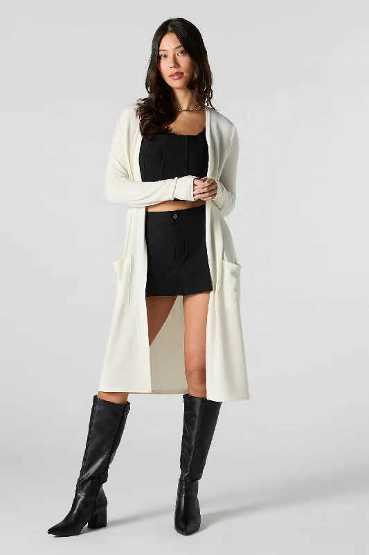 Ribbed Open Front Longline Cardigan Ribbed Striped Patterned