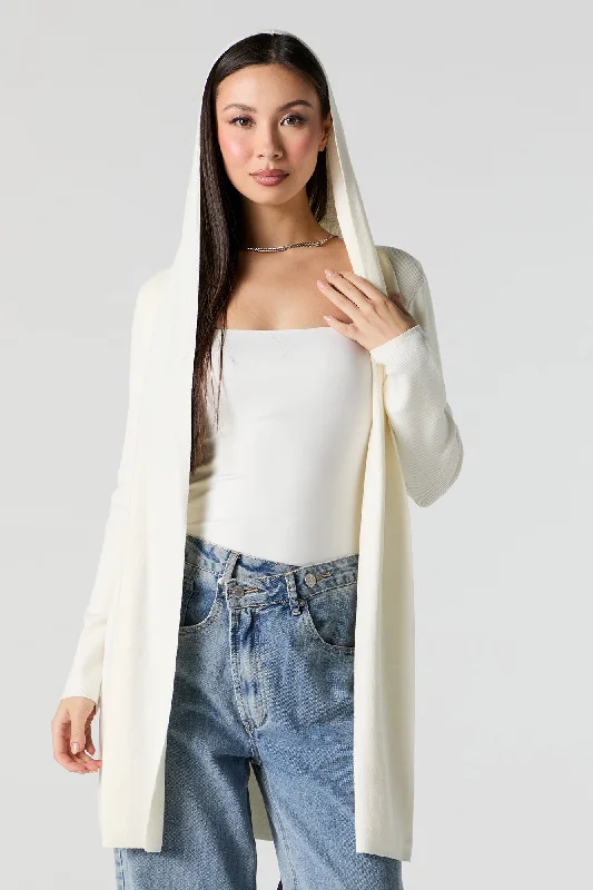 Ribbed Hooded Open Front Cardigan Mesh Cardigan Canvas Denim
