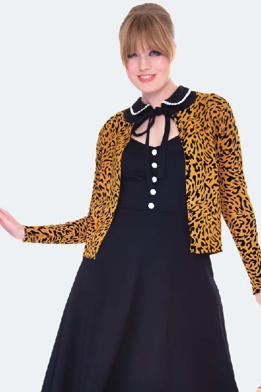50s Mustard Leopard Print Cardigan Front Pockets Side Pockets Patch Pockets
