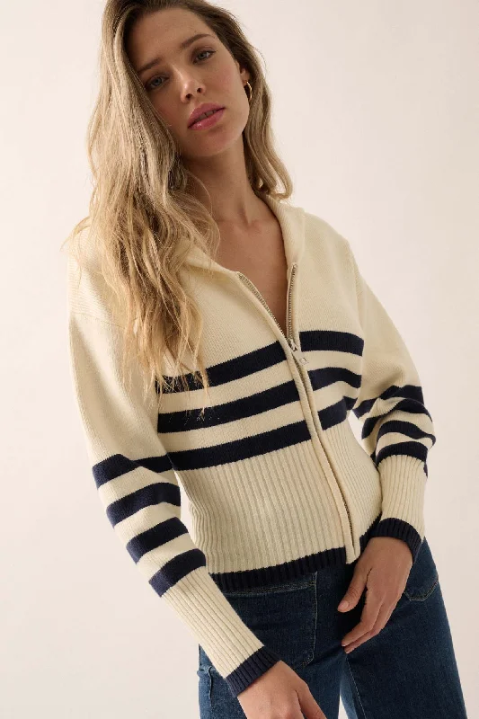 Below Deck Striped Sailor-Collar Zip-Up Cardigan Sequined Glittery Shiny
