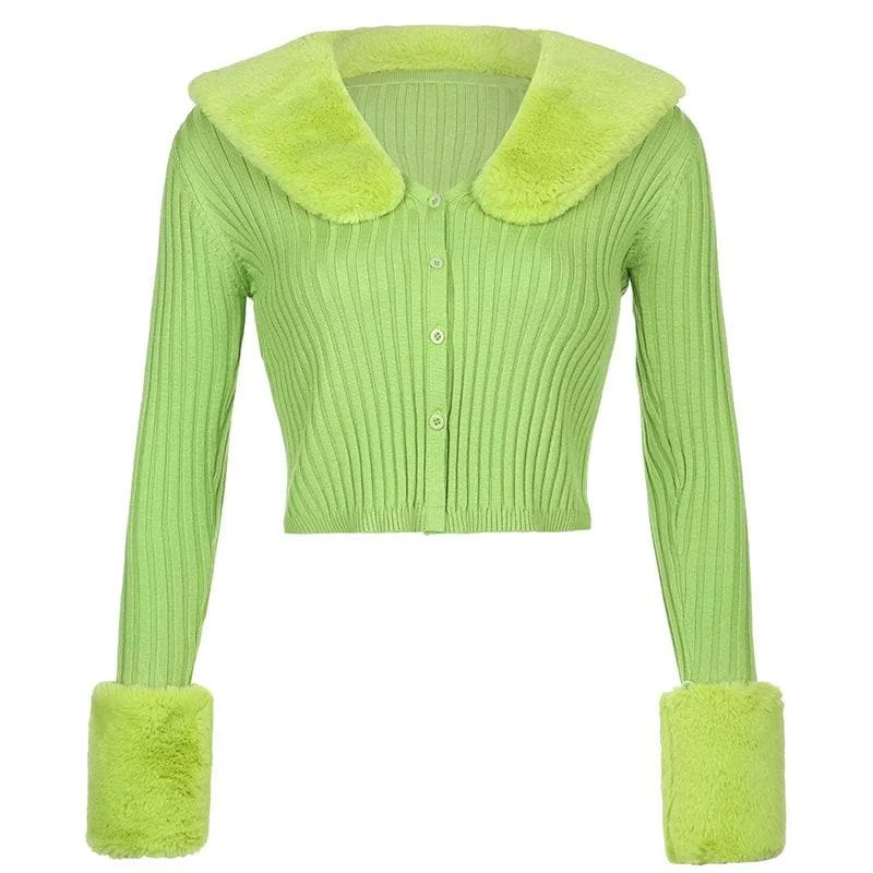 Button fluffy turnover collar knitted long sleeve cardigan top Boat Neck Shawl Collar Notched Collar
