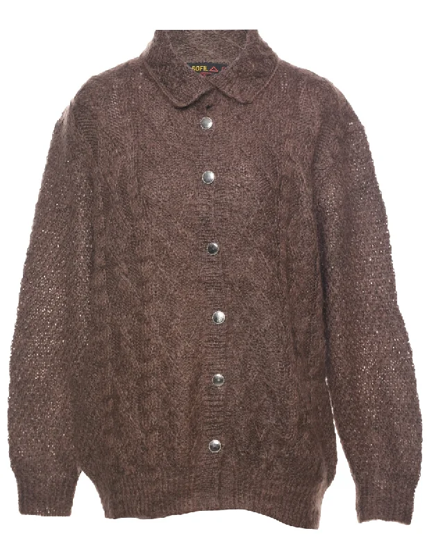 Cable Knit Brown Cardigan - L Chenille Blend Fleece Blend Nylon Blend
