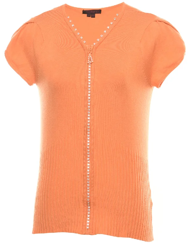 Cap Sleeved Orange Cardigan - S Zippered Buttoned Snapped