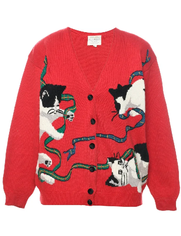 Cat Printed Christmas Cardigan - L Toggled Drawstring Belted