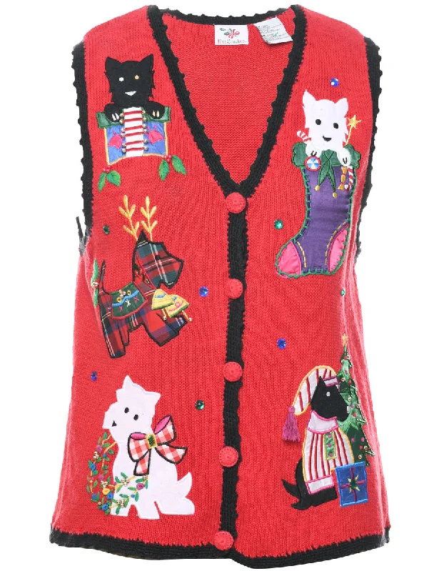 Cat Printed Christmas Cardigan - M Elasticated Padded Insulated