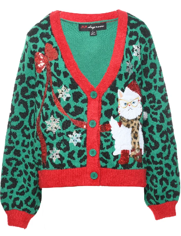 Cat Printed Christmas Cardigan - S Fitted Loose Oversized