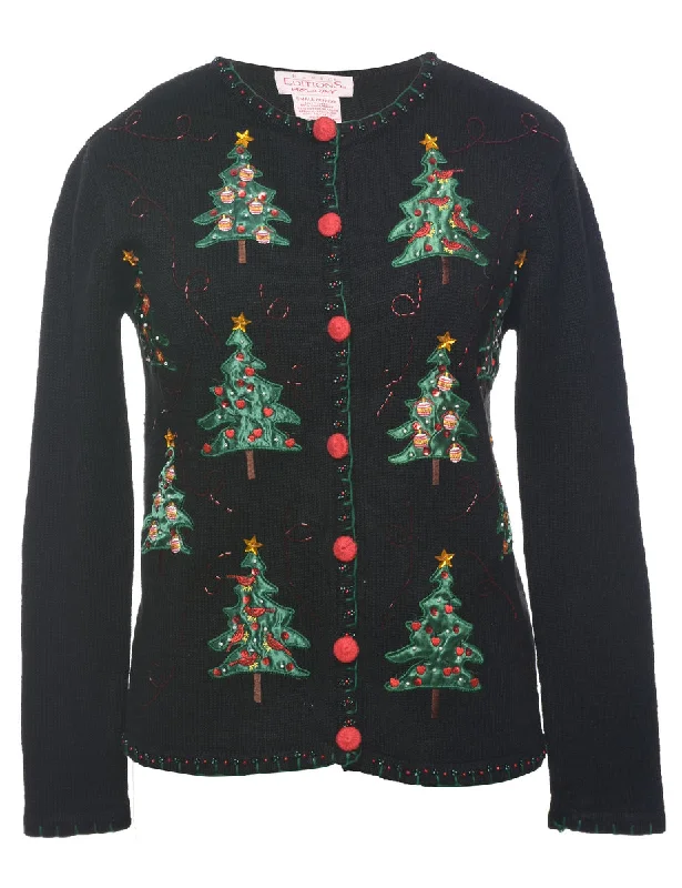 Christmas Tree Print Cardigan - S Denim Fabric Leather Fabric Suede Fabric