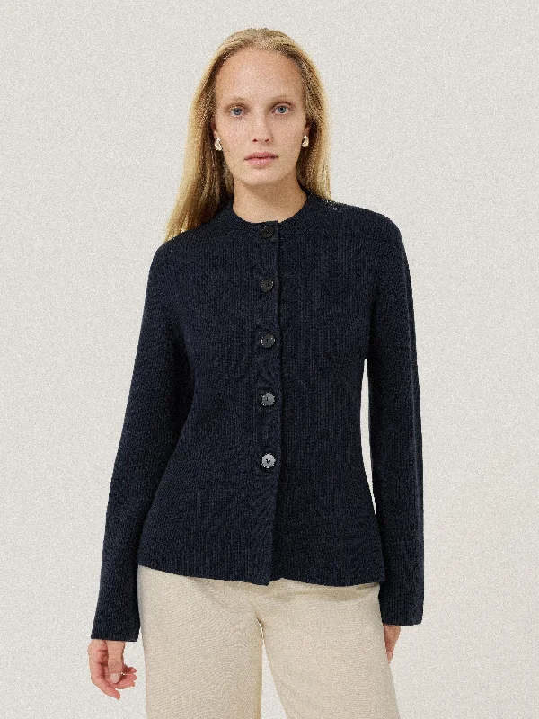 Cotton Blend Knit Cardigan | Navy Boat Neck Shawl Collar Notched Collar