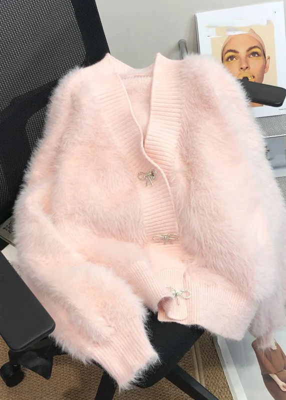 Cute Pink V Neck Button Mink Hair Knitted Cardigan Winter Cotton Fabric Linen Fabric Terry Fabric Cute Pink V Neck Button Mink Hair Knitted Cardigan Winter Cotton Fabric Linen Fabric Terry Fabric