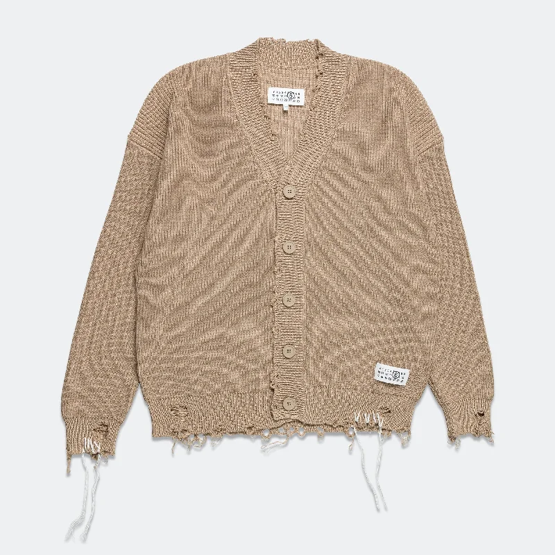 Distressed Button-Up Cardigan - Beige Stylish Fashionable Trendy
