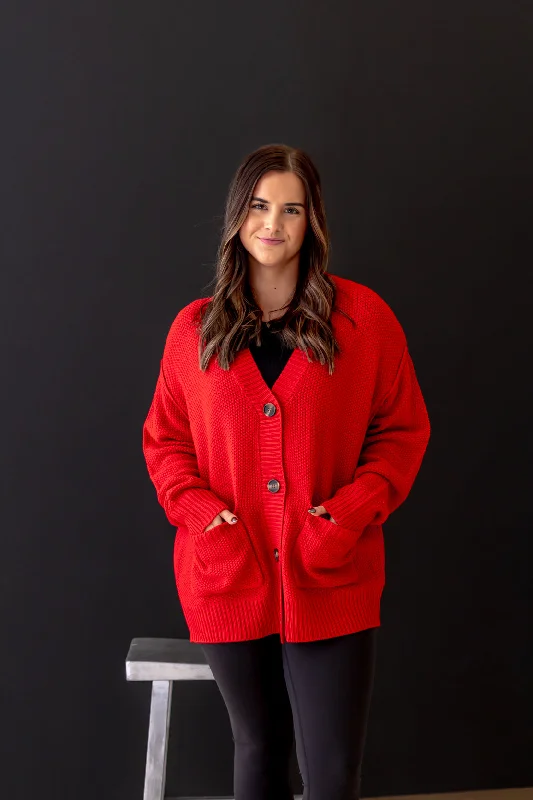 Violet Oversized Button Up Cardigan | Red Plaid Cardigan Polka Dot Checkered