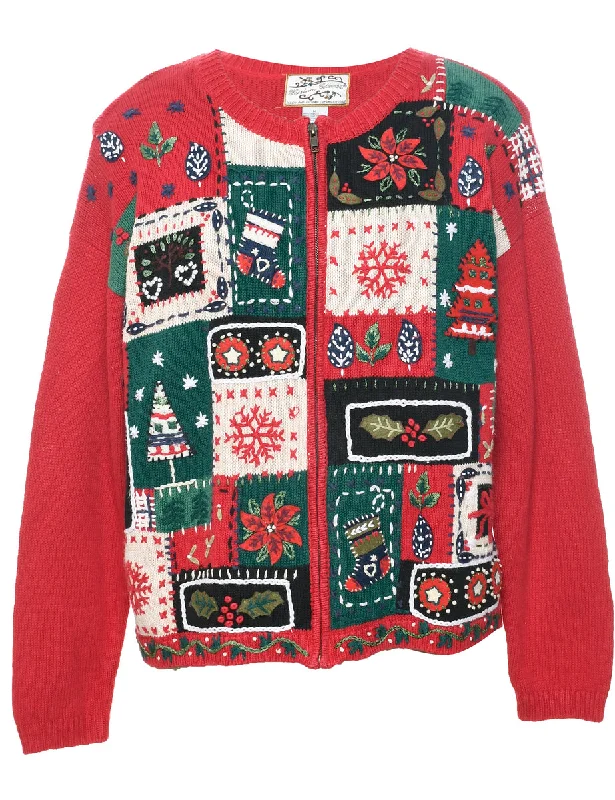 Embroidered Christmas Cardigan - M Fitted Slim Tailored