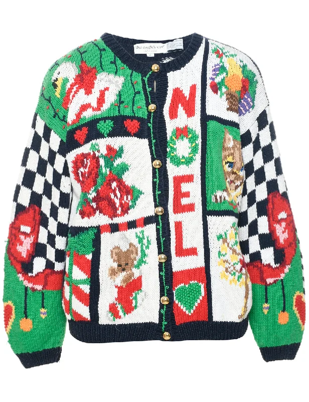 Festive Print Christmas Cardigan - L Velvet Chenille Corduroy