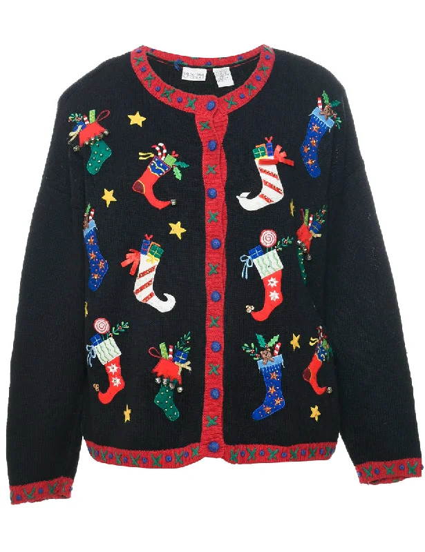 Festive Print Christmas Cardigan - L Ribbed Striped Patterned