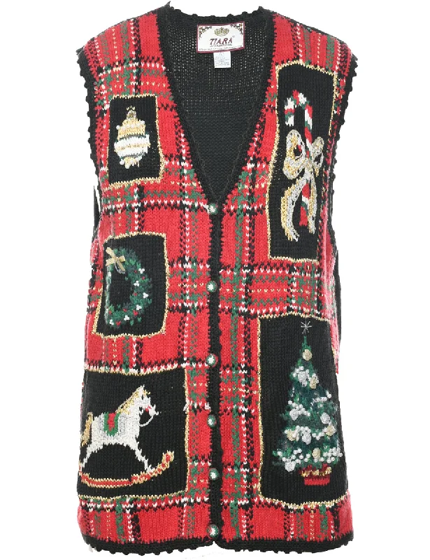 Festive Print Christmas Cardigan - L Solid Print Embellished