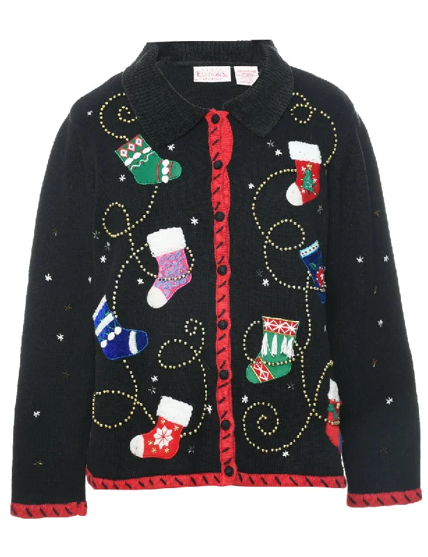 Festive Print Christmas Cardigan - L Sequined Glittery Shiny