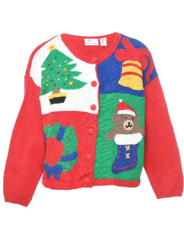 Festive Print Christmas Cardigan - L Satin Blend Silk Blend Wool Blend