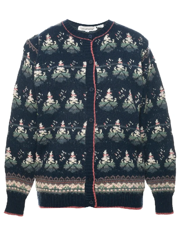 Festive Print Christmas Cardigan - M Cashmere Blend Cotton Blend Poly Blend